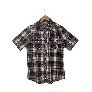 Buckle Black Mens XL Black Snap Gray Shirt Slim Fit Short Sleeve Plaid Western